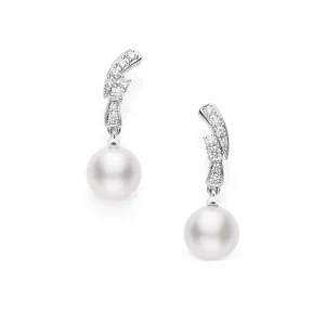 Akoya Pearl and Diamond Dangle Earrings in 18K White Gold