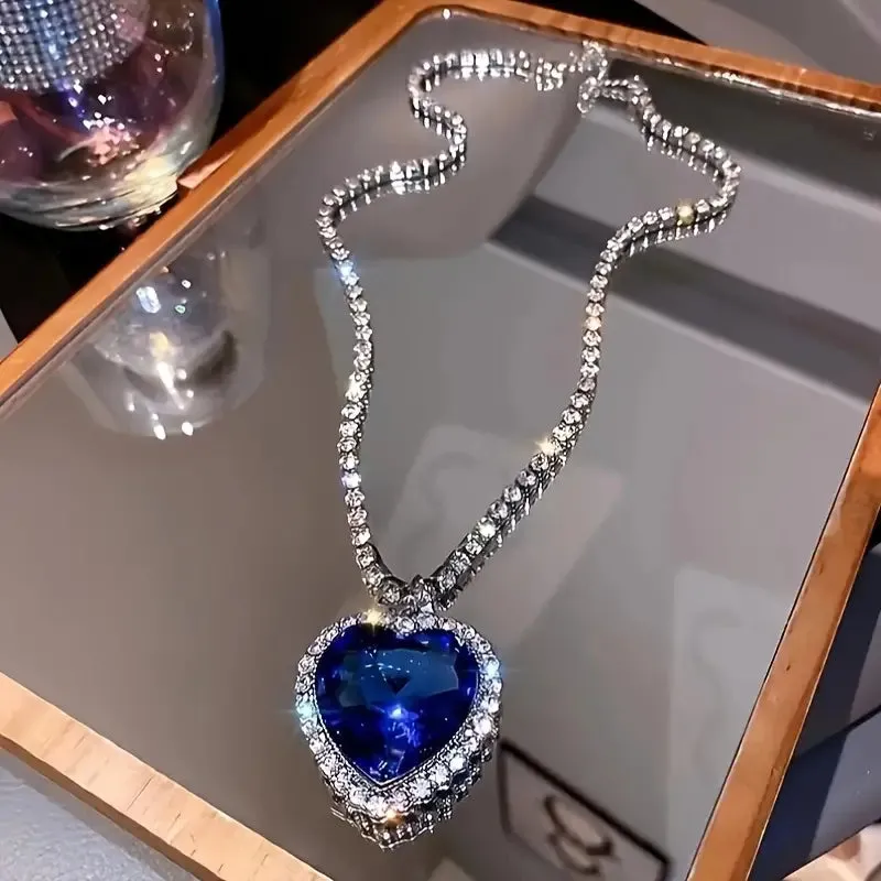Blue Heart Pendant Sparkling Necklace - Elegant Crystal Gemstone