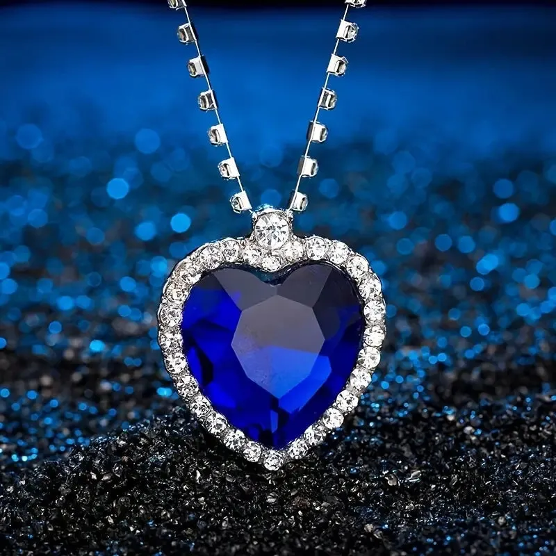Blue Heart Pendant Sparkling Necklace - Elegant Crystal Gemstone