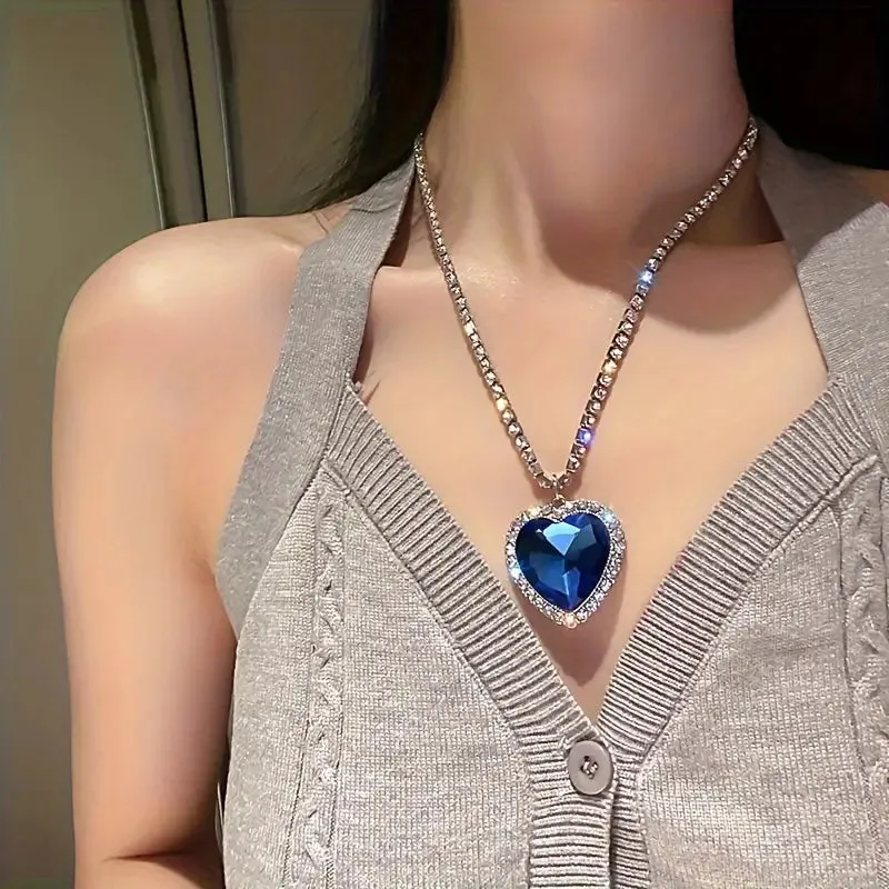 Blue Heart Pendant Sparkling Necklace - Elegant Crystal Gemstone