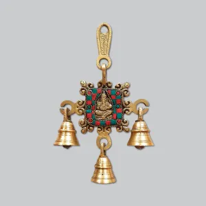 Brass Stonework Ganesha Wall Hanging Bells - 7 in