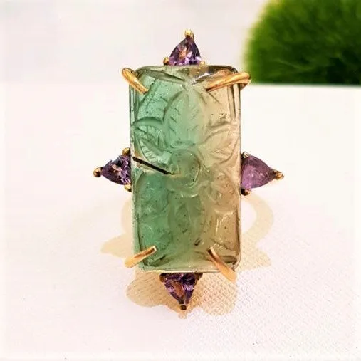 Carved Green Tourmaline & Amethyst Cocktail Ring