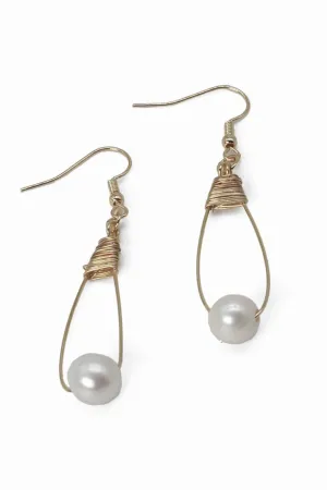 CE3186 Wire Wrapped Dangle Pearl Earrings