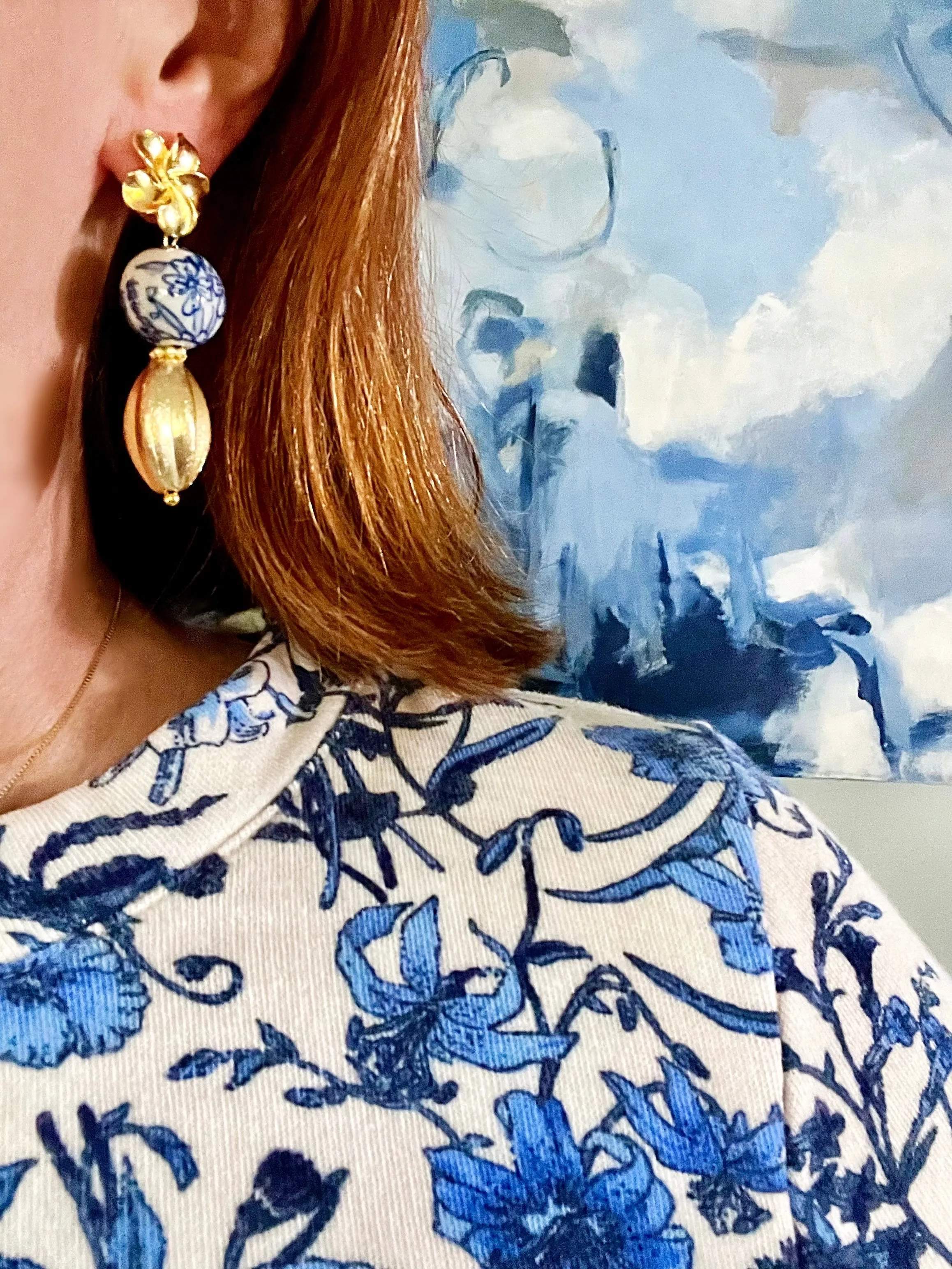 Chinoiserie Gold Floral Drop Earrings