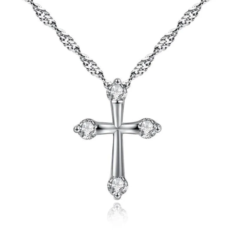 Christian Jewelry White Gold Color AAA  Zircon CZ Cross Crucifix 18" Water Wave Chain Pendant Necklace for Women Party