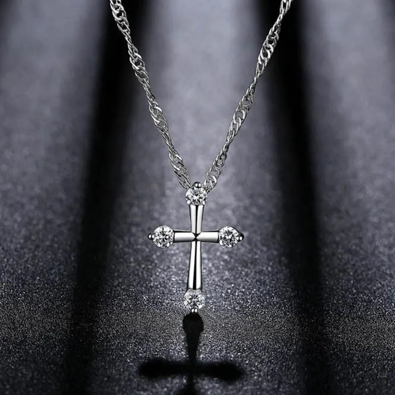Christian Jewelry White Gold Color AAA  Zircon CZ Cross Crucifix 18" Water Wave Chain Pendant Necklace for Women Party