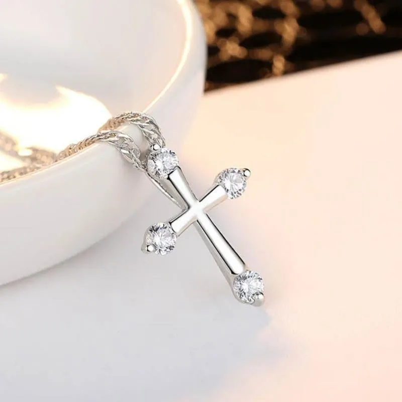 Christian Jewelry White Gold Color AAA  Zircon CZ Cross Crucifix 18" Water Wave Chain Pendant Necklace for Women Party