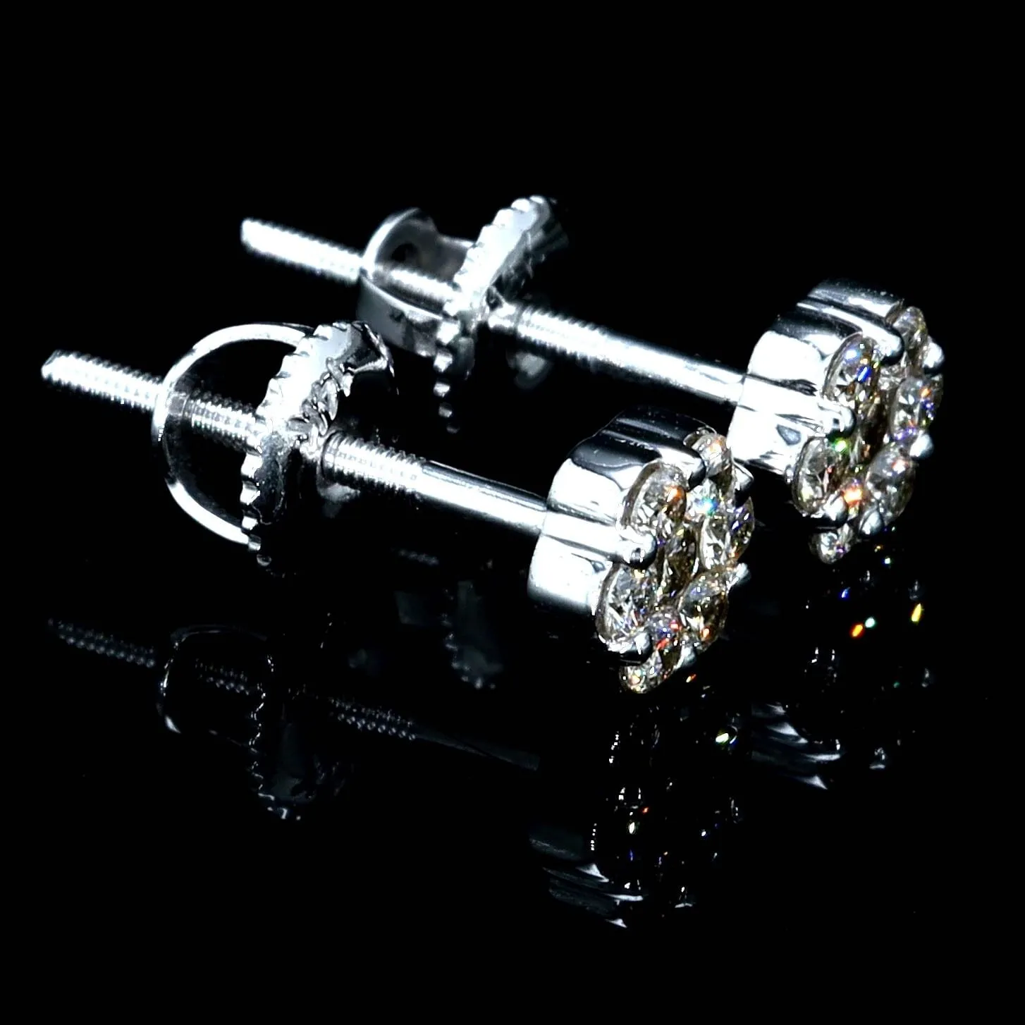 Cluster Flower Diamond Earrings Solid 14K Gold