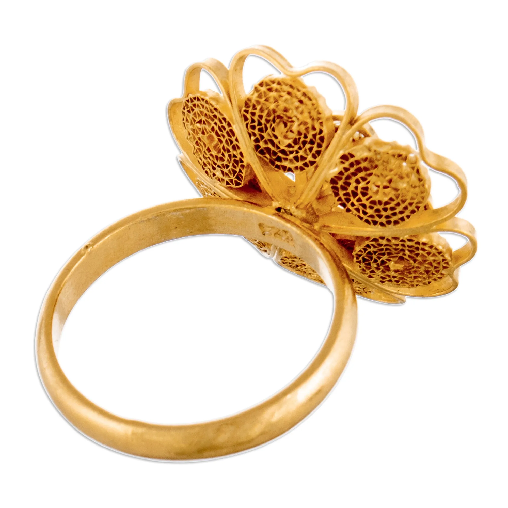 Collectible Gold Plated Filigree Cocktail Ring - Yellow Rose | NOVICA