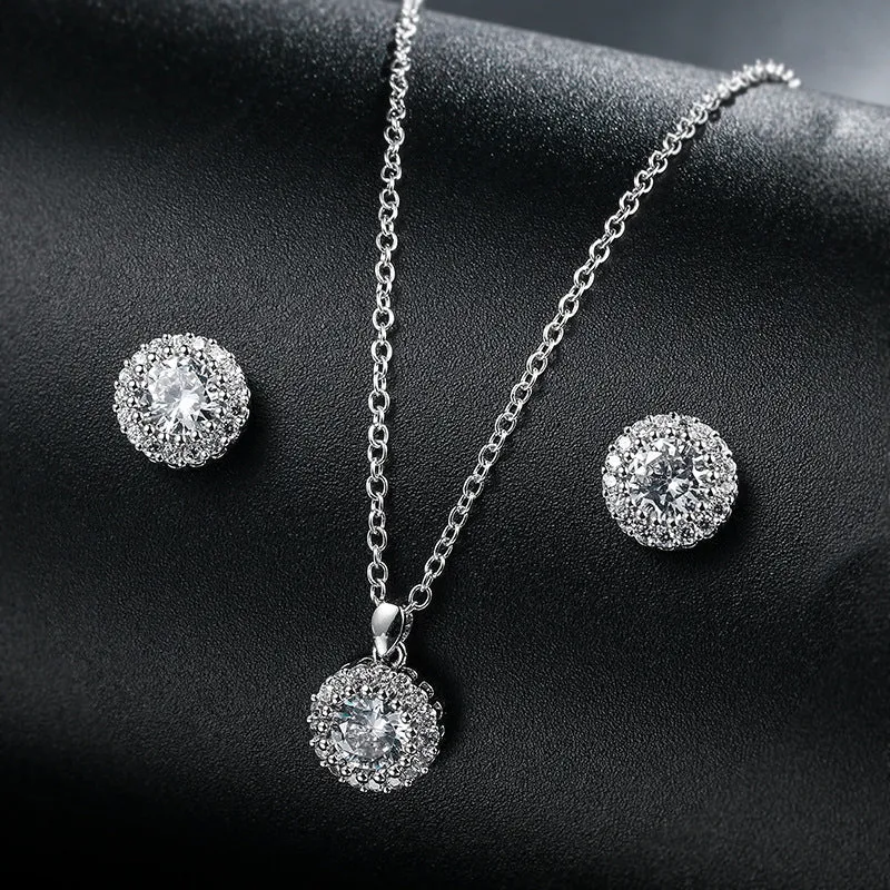 Cubic Zirconia Round Pendant Necklace and Earring Set in Silver, Bridal Jewellery Set