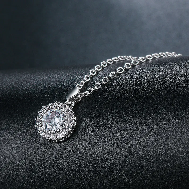 Cubic Zirconia Round Pendant Necklace and Earring Set in Silver, Bridal Jewellery Set