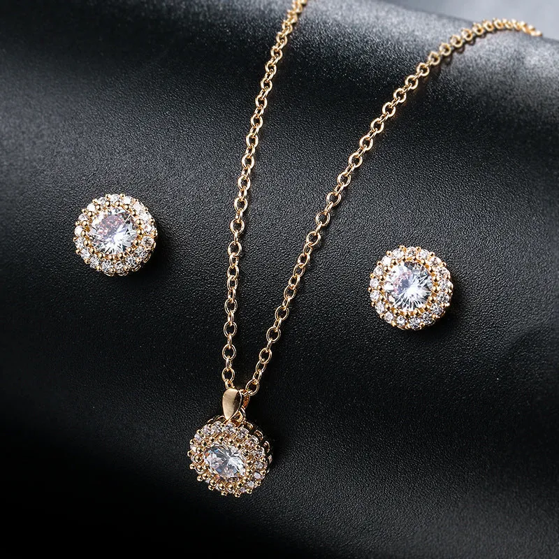 Cubic Zirconia Round Pendant Necklace and Earring Set in Silver, Bridal Jewellery Set