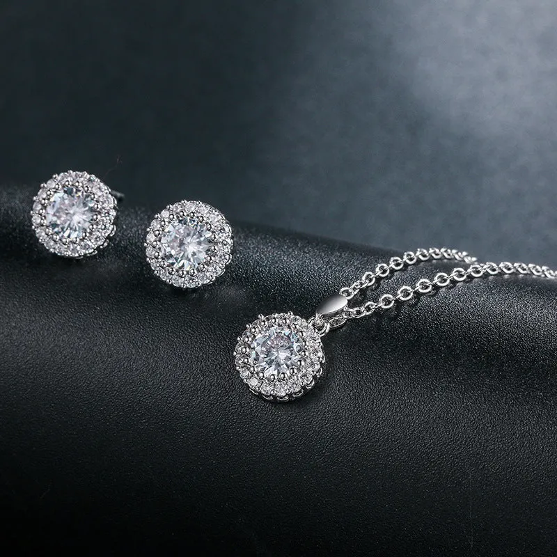 Cubic Zirconia Round Pendant Necklace and Earring Set in Silver, Bridal Jewellery Set