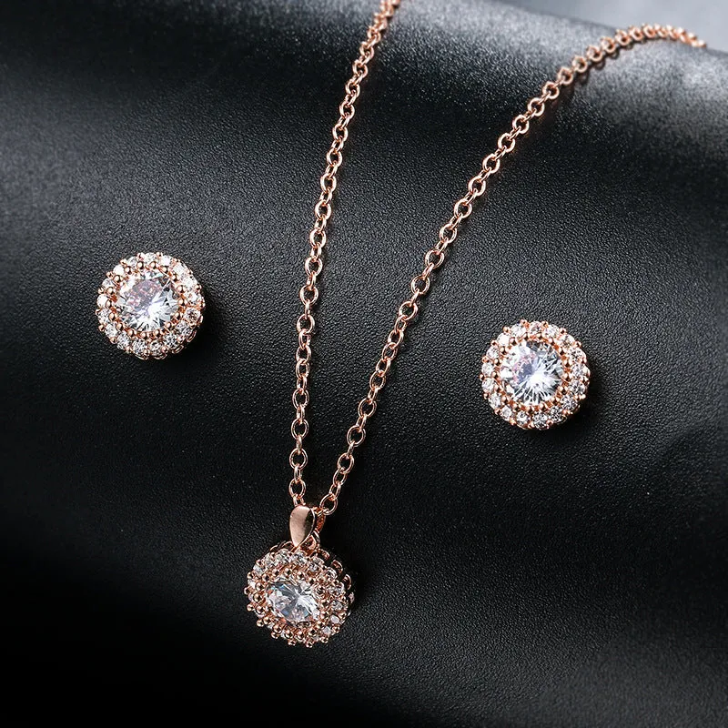 Cubic Zirconia Round Pendant Necklace and Earring Set in Silver, Bridal Jewellery Set