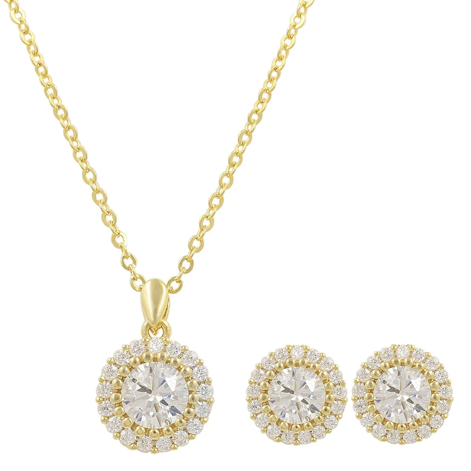 Cubic Zirconia Round Pendant Necklace and Earring Set in Silver, Bridal Jewellery Set
