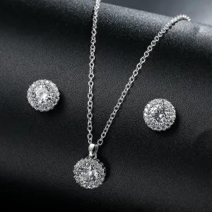 Cubic Zirconia Round Pendant Necklace and Earring Set in Silver, Bridal Jewellery Set