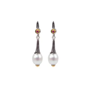 Dangle Earrings with Mother of Pearl, Pink Sapphire and Pearl
