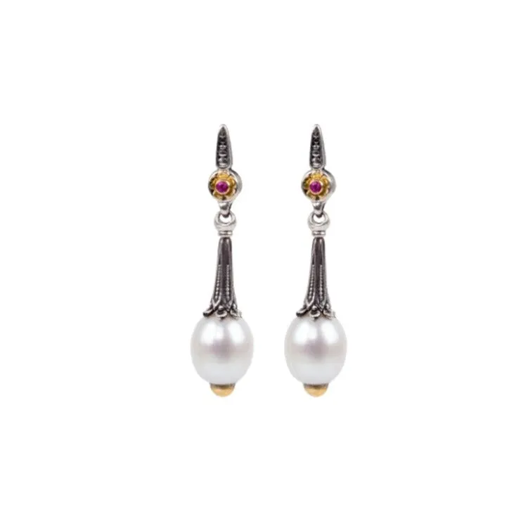 Dangle Earrings with Mother of Pearl, Pink Sapphire and Pearl