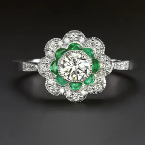 DIAMOND EMERALD ART DECO STYLE COCKTAIL RING FLOWER DOUBLE HALO 14k WHITE GOLD