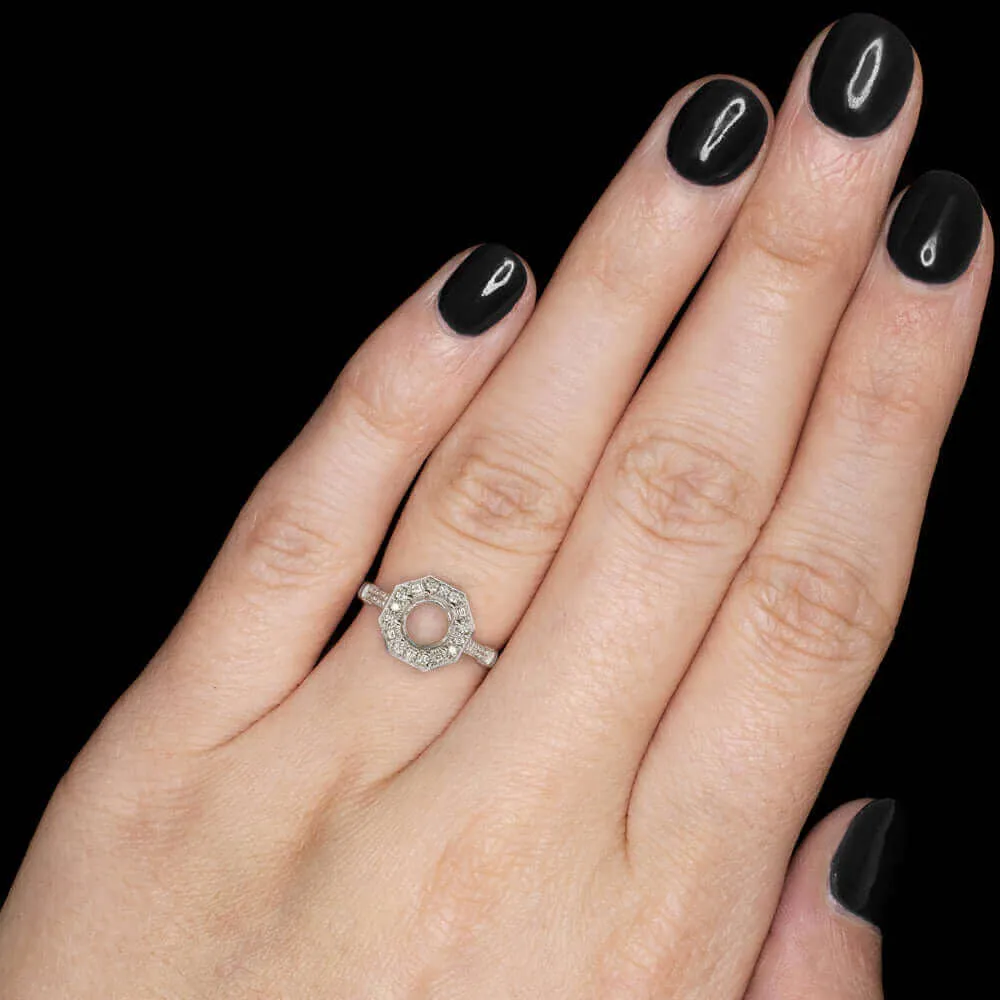 DIAMOND HALO RING SETTING ART DECO STYLE SEMI MOUNT VINTAGE ROUND 14k WHITE GOLD