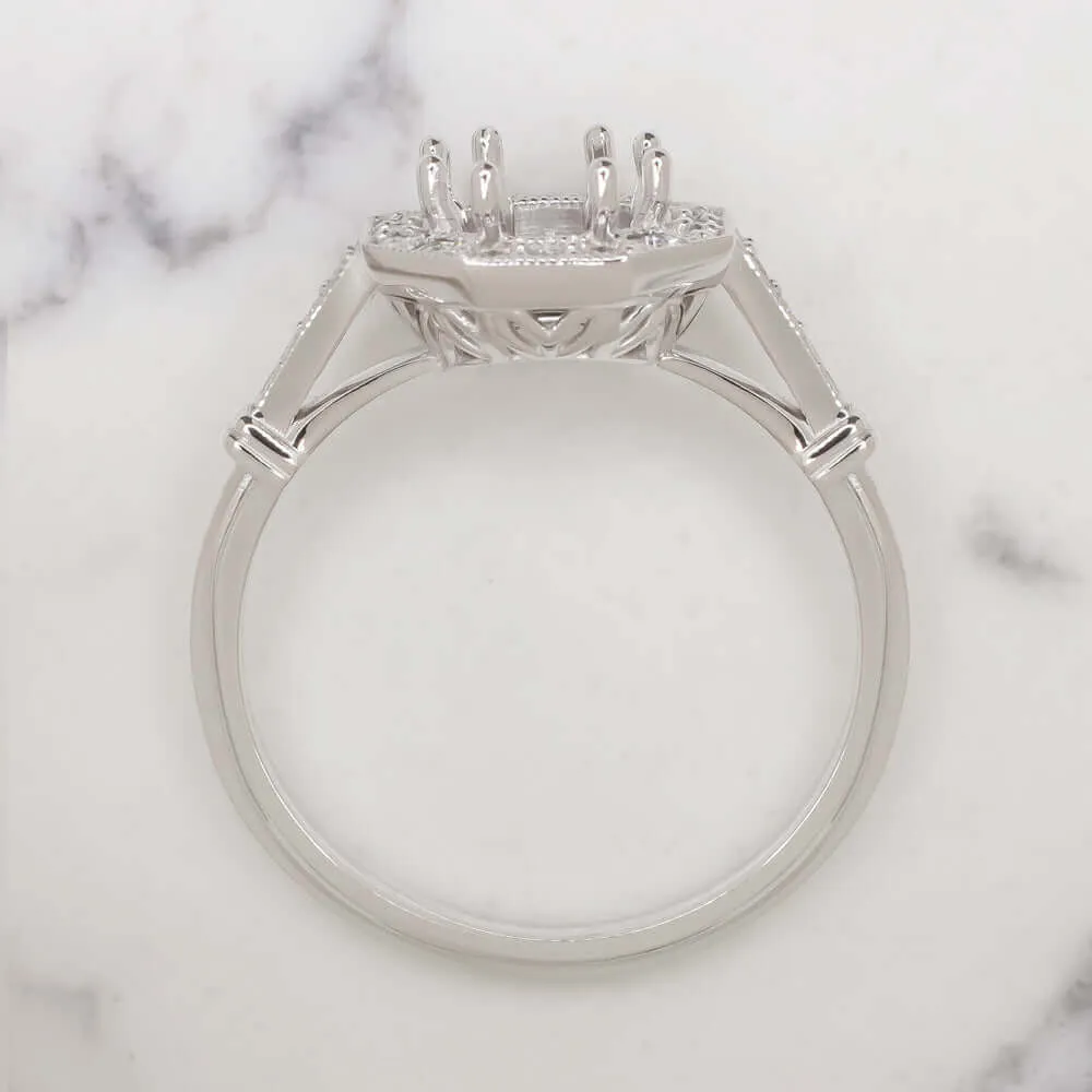 DIAMOND HALO RING SETTING ART DECO STYLE SEMI MOUNT VINTAGE ROUND 14k WHITE GOLD