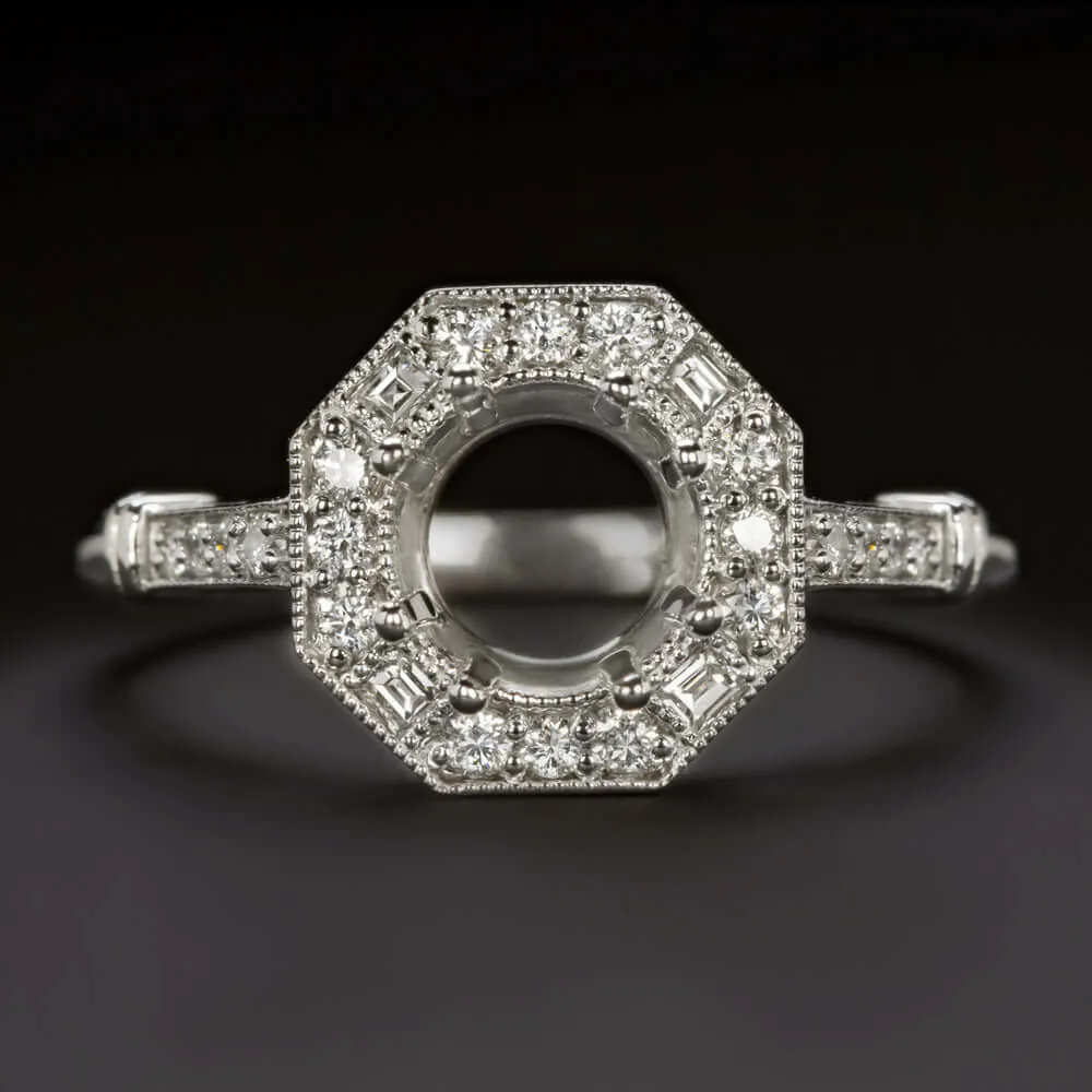 DIAMOND HALO RING SETTING ART DECO STYLE SEMI MOUNT VINTAGE ROUND 14k WHITE GOLD