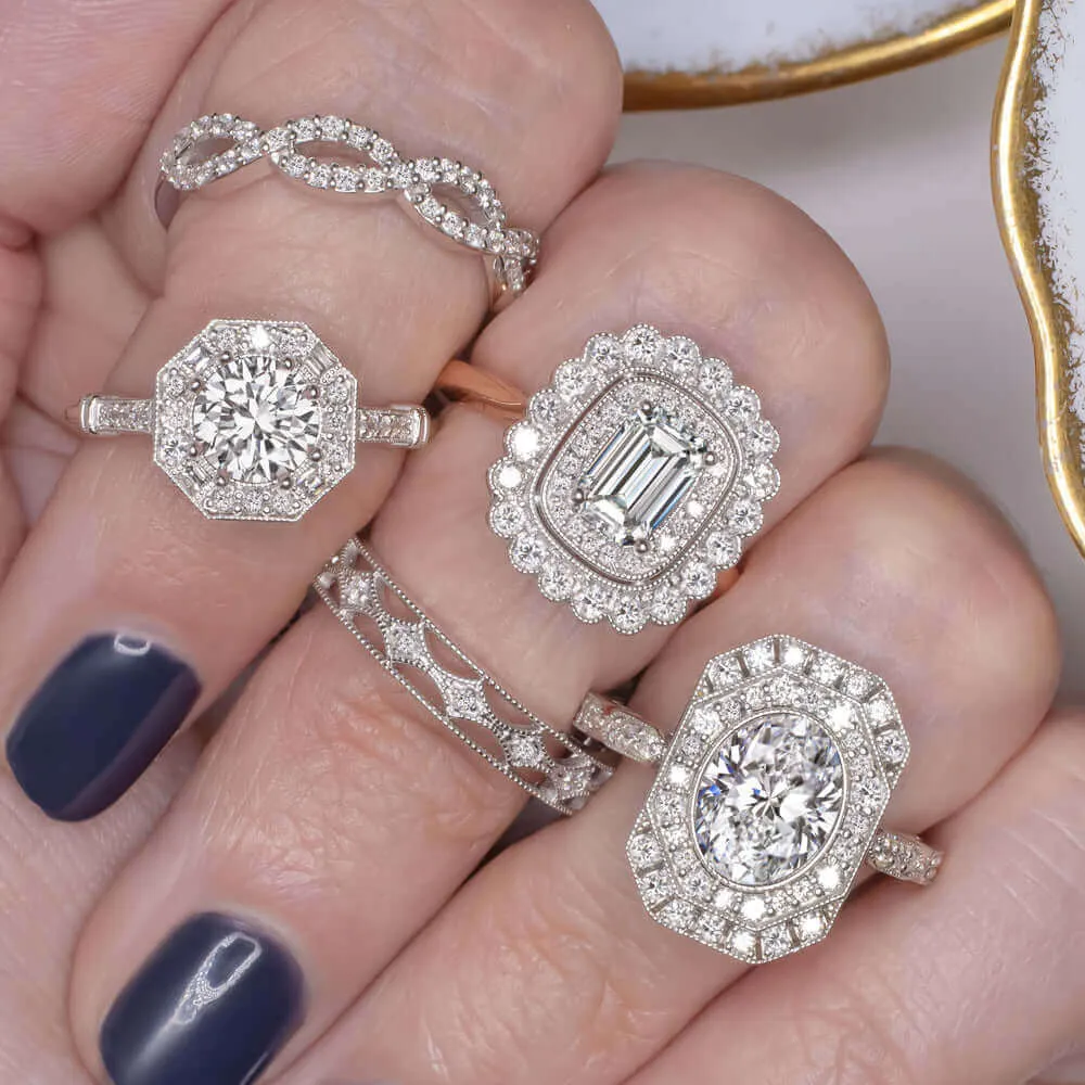 DIAMOND HALO RING SETTING ART DECO STYLE SEMI MOUNT VINTAGE ROUND 14k WHITE GOLD