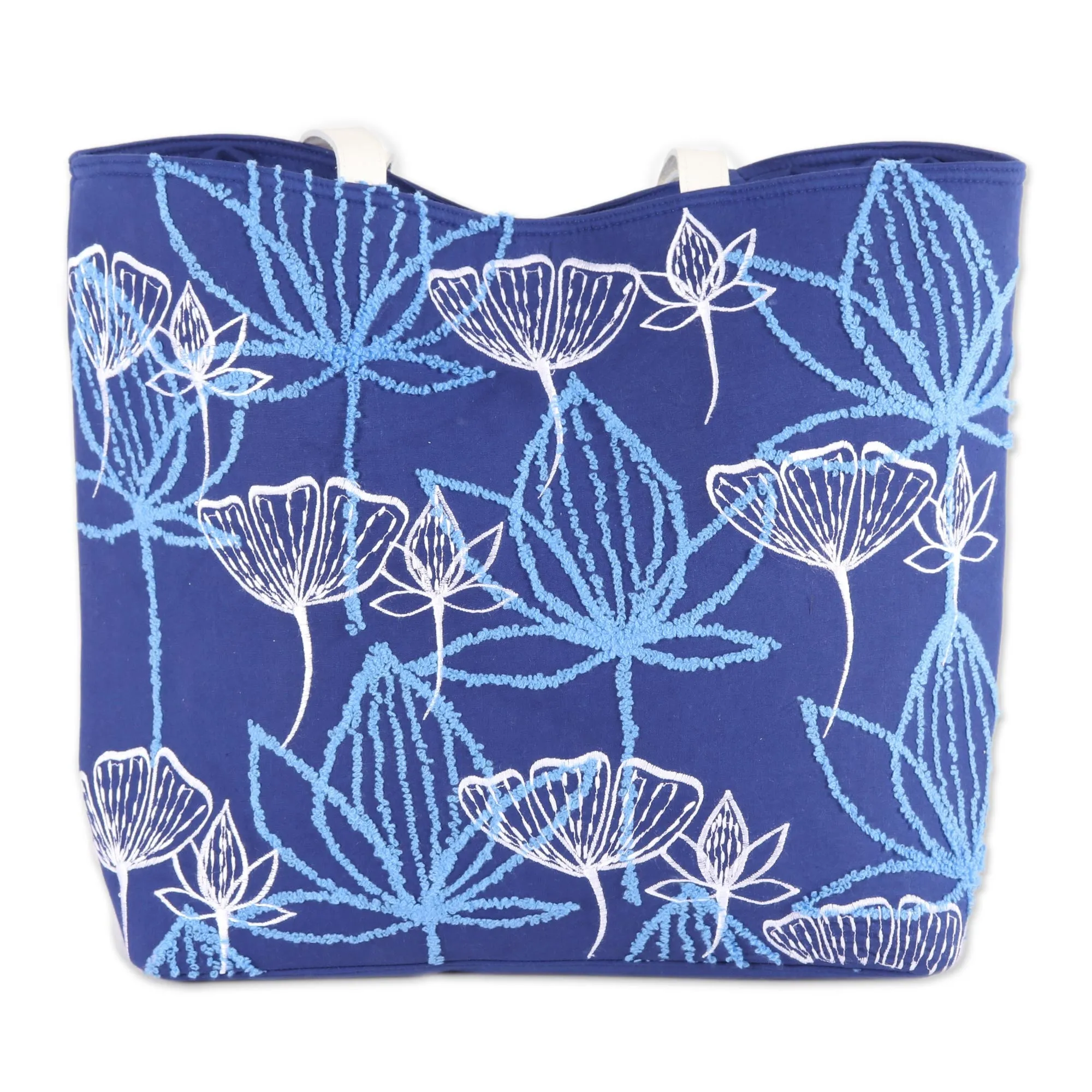 Embroidered Floral Cotton Tote in Lapis from India - Lapis Garden | NOVICA