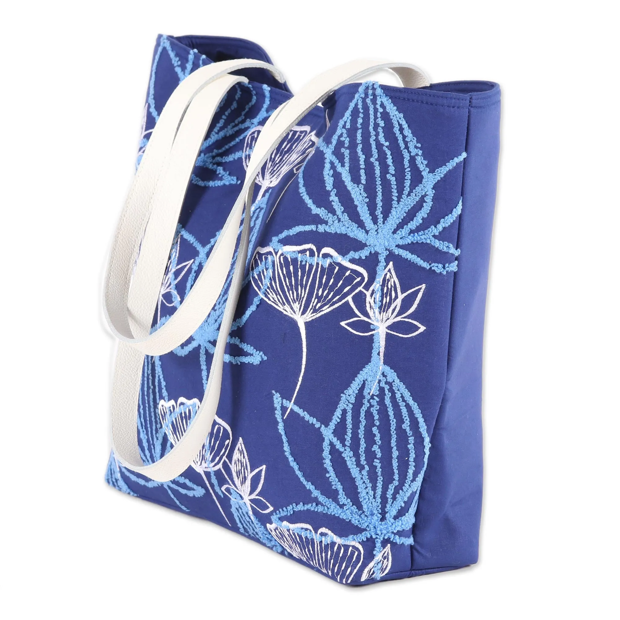 Embroidered Floral Cotton Tote in Lapis from India - Lapis Garden | NOVICA