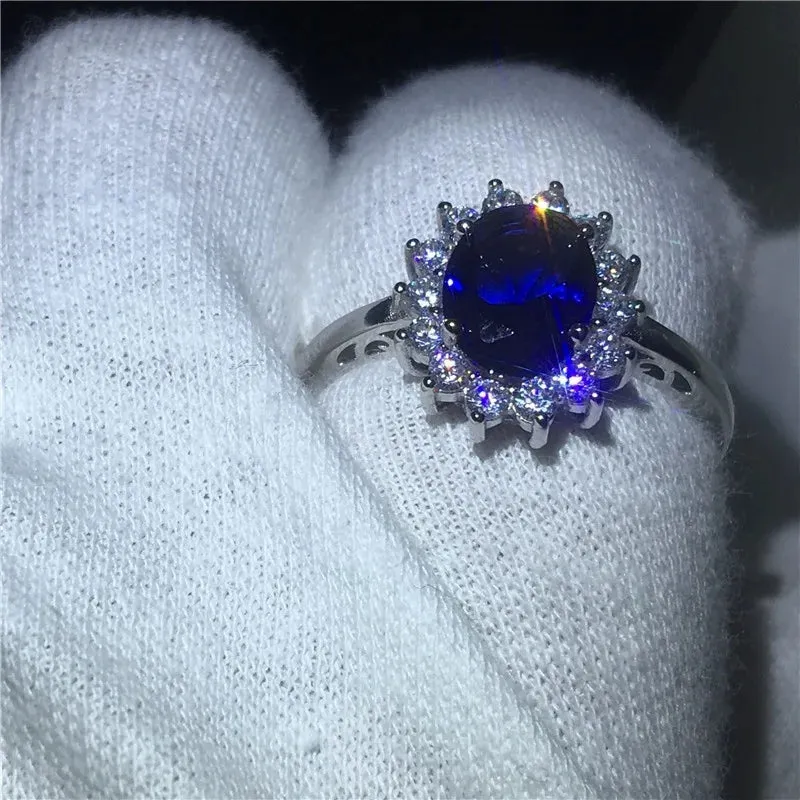 Exquisite Luxury Silver Color Inlaid Blue Zirconia Ring Bridal Engagement Reception Wedding Memorial Jewelry