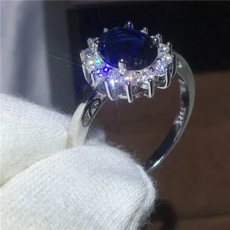Exquisite Luxury Silver Color Inlaid Blue Zirconia Ring Bridal Engagement Reception Wedding Memorial Jewelry