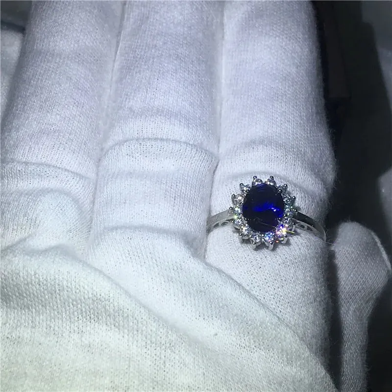 Exquisite Luxury Silver Color Inlaid Blue Zirconia Ring Bridal Engagement Reception Wedding Memorial Jewelry