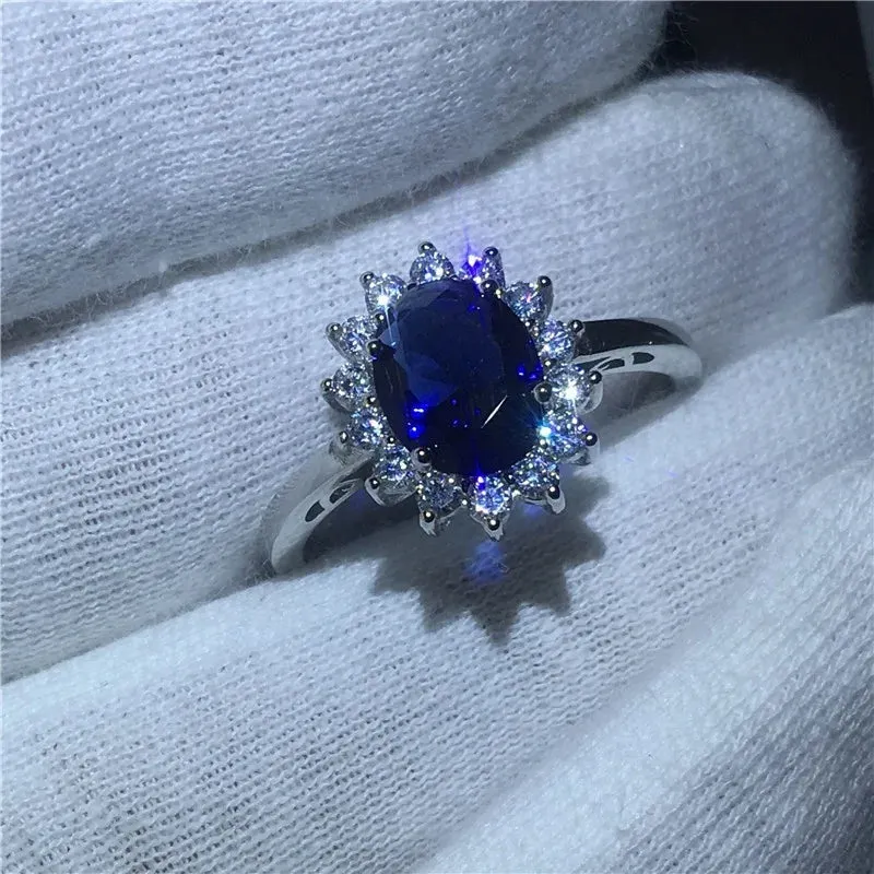 Exquisite Luxury Silver Color Inlaid Blue Zirconia Ring Bridal Engagement Reception Wedding Memorial Jewelry