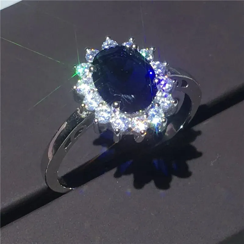 Exquisite Luxury Silver Color Inlaid Blue Zirconia Ring Bridal Engagement Reception Wedding Memorial Jewelry
