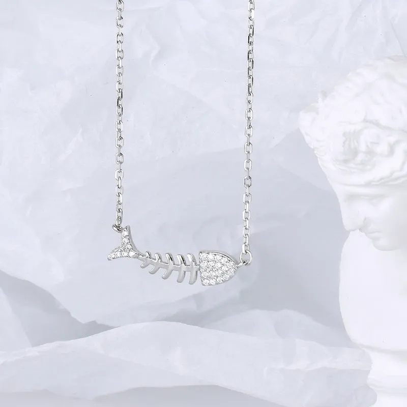 Fishbone with Zircon Pendant Silver Necklace for Women