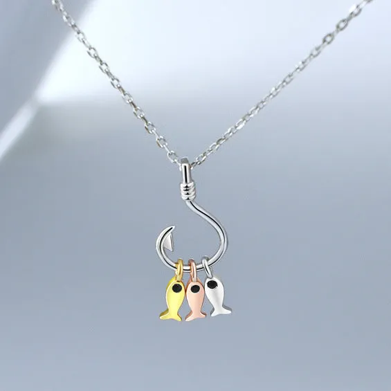 Fishhook with Small Fish Pendant Silver Necklace for Women
