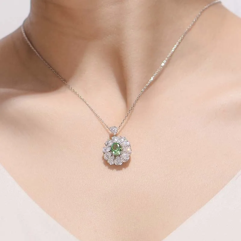 Flower Halo Oval Cut Green Zircon Silver Necklace