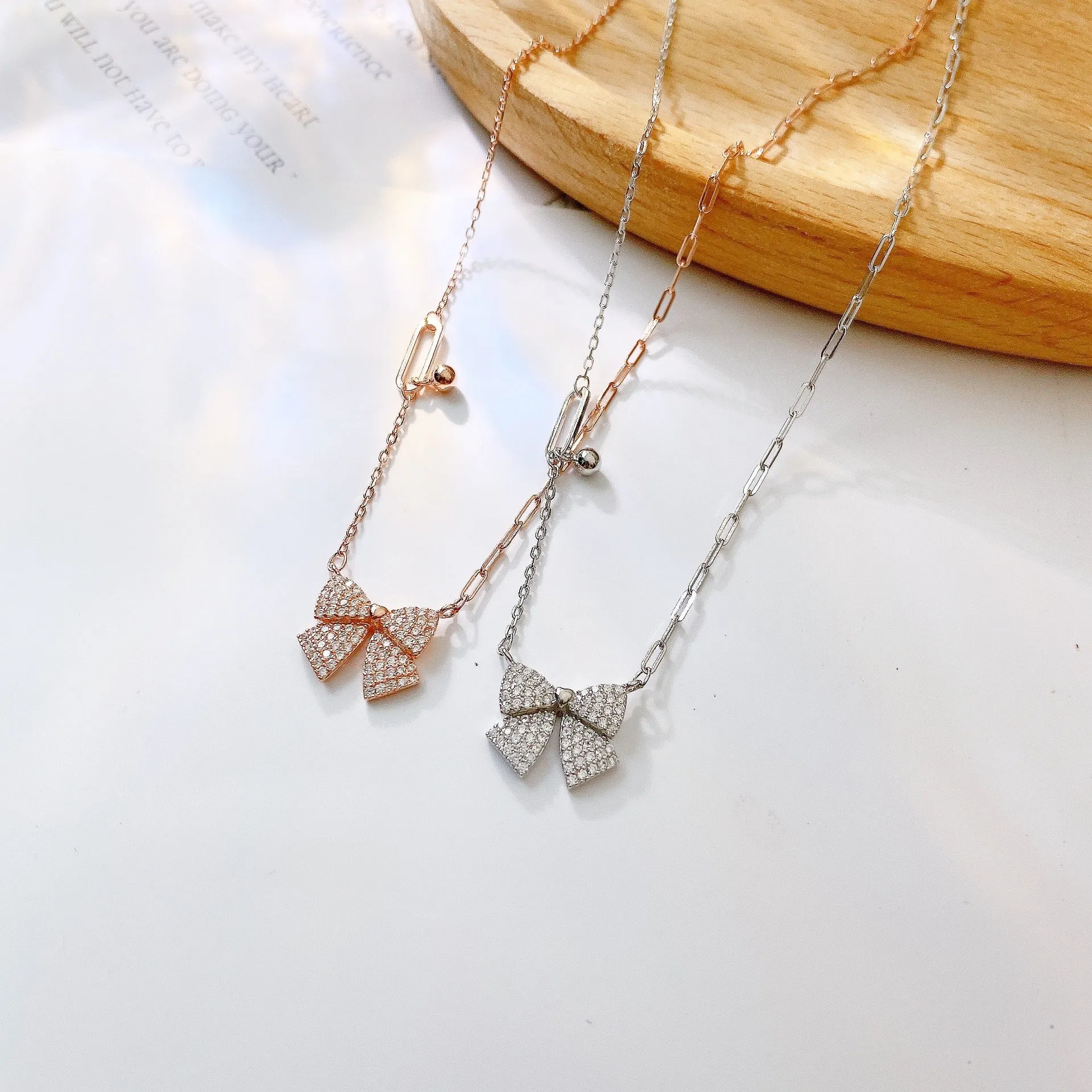 Full Zircon Bowknot Pendant Silver Necklace for Women