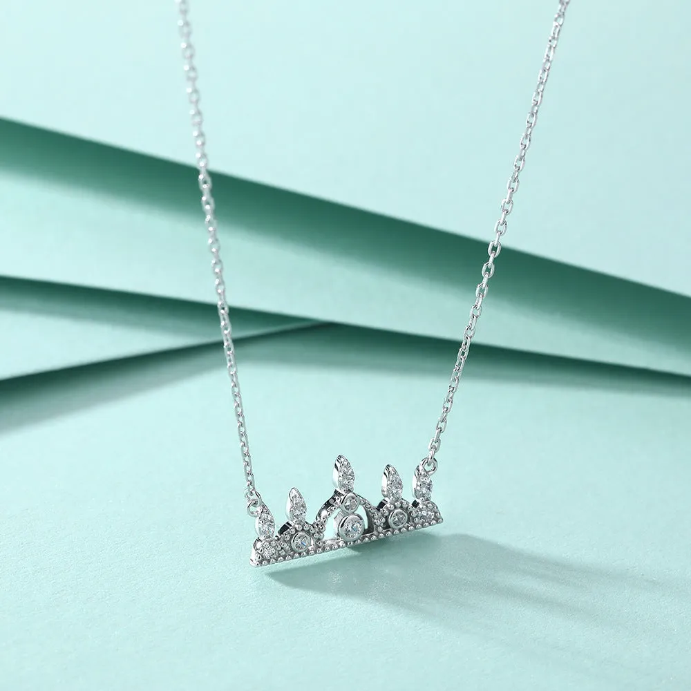 Full Zircon Crown Pendant Silver Necklace for Women