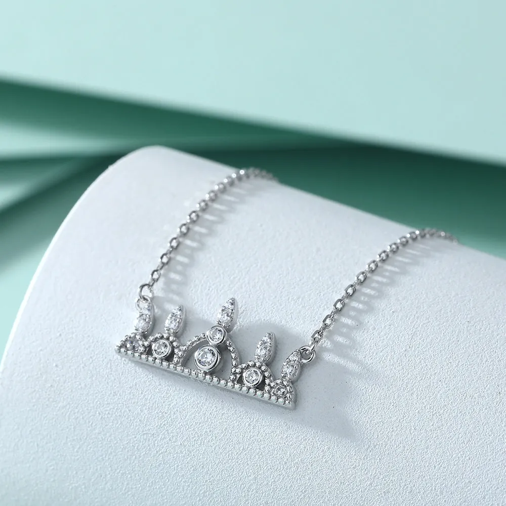 Full Zircon Crown Pendant Silver Necklace for Women