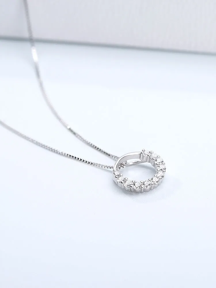 Half Zircon Circle Pendant Silver Necklace for Women