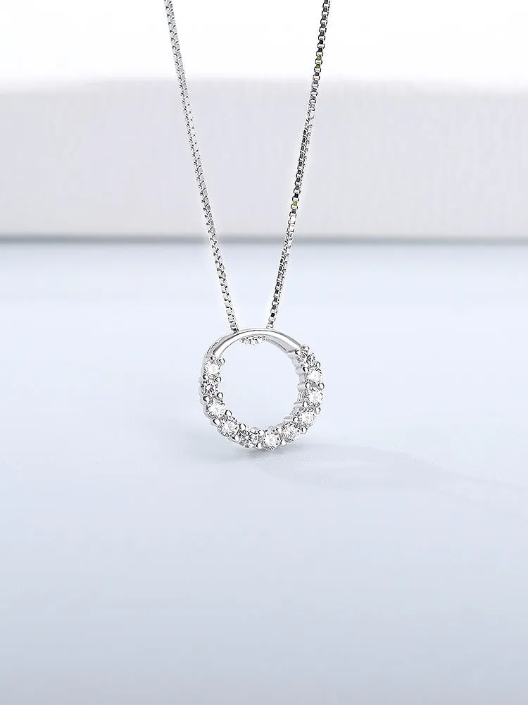 Half Zircon Circle Pendant Silver Necklace for Women