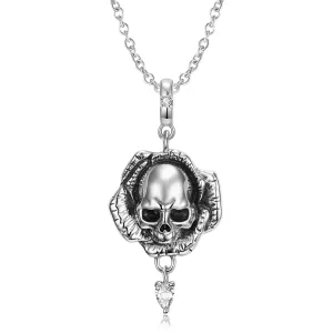 Halloween Skull Flower Pendant Pear Shape Zircon Silver Necklace