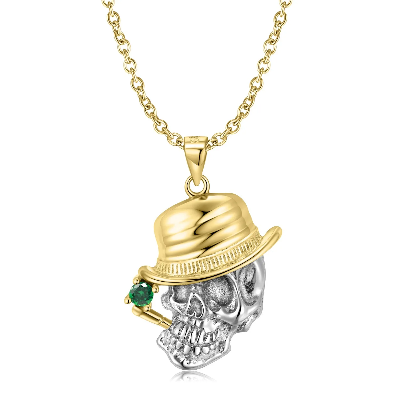 Halloween Skull Smoking A Pipe Zircon Silver Necklace