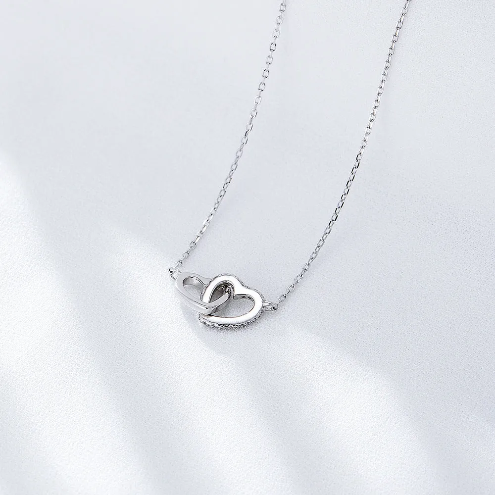 Heart-shaped Interlocking with Zircon Silver Necklace for Women