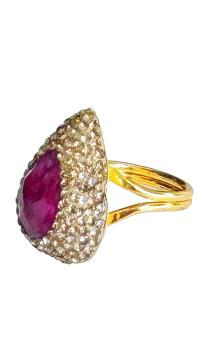Jeweled Pink Ruby and Champagne Crystal Teardrop Cocktail Ring