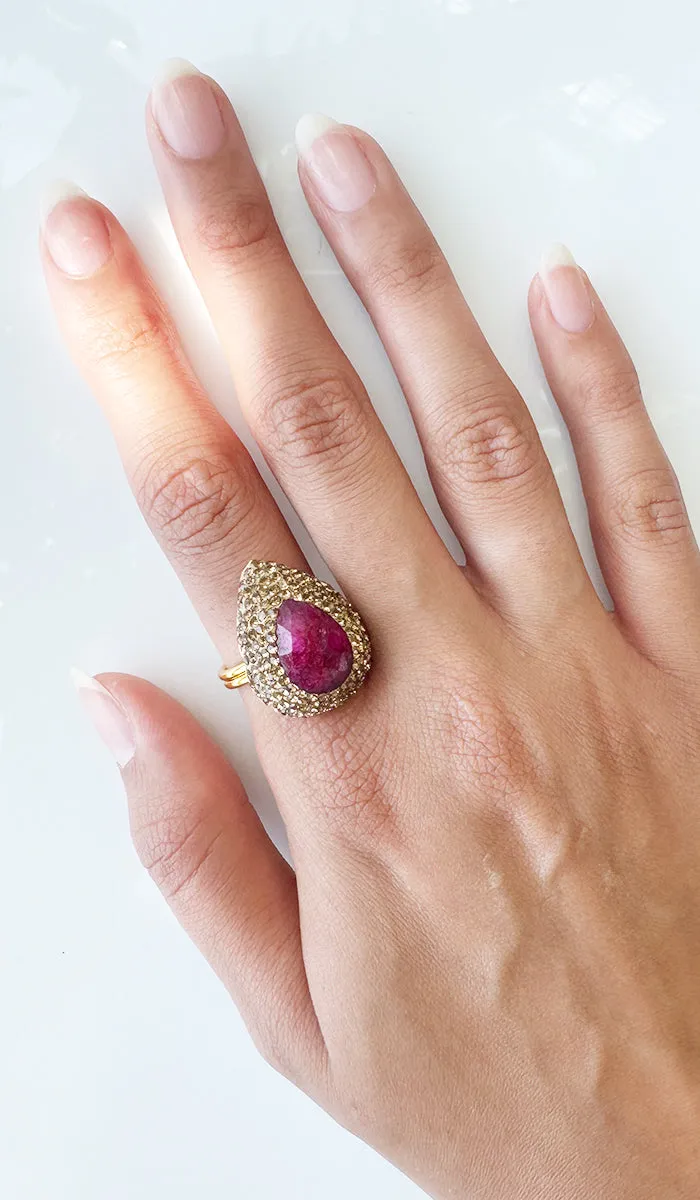 Jeweled Pink Ruby and Champagne Crystal Teardrop Cocktail Ring