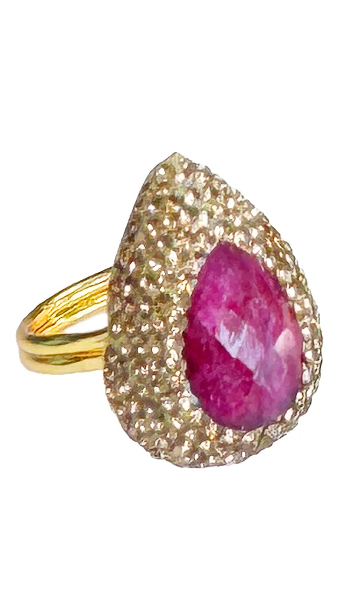 Jeweled Pink Ruby and Champagne Crystal Teardrop Cocktail Ring