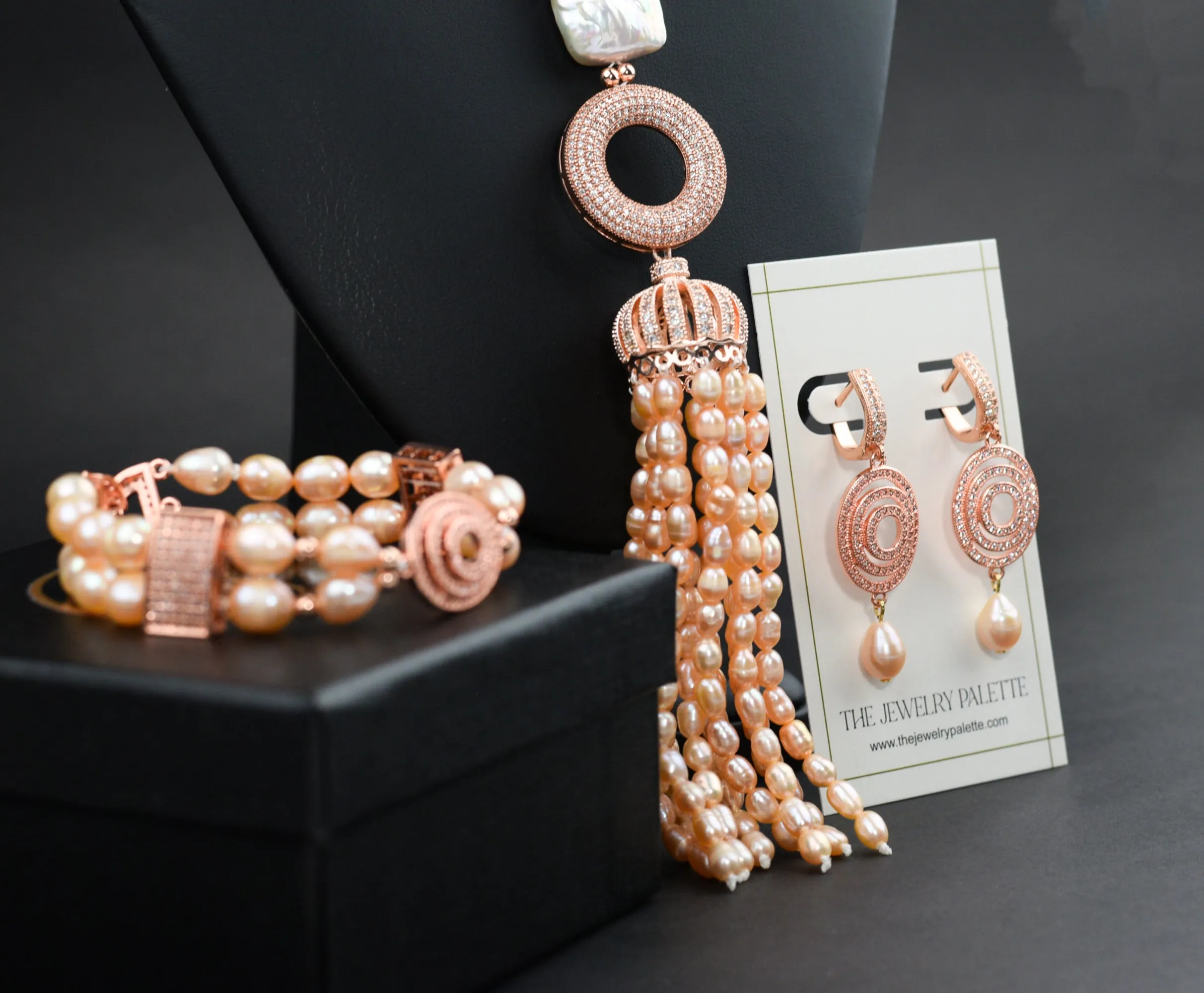 Juliette shimmering rose gold earrings with pink pearl drops
