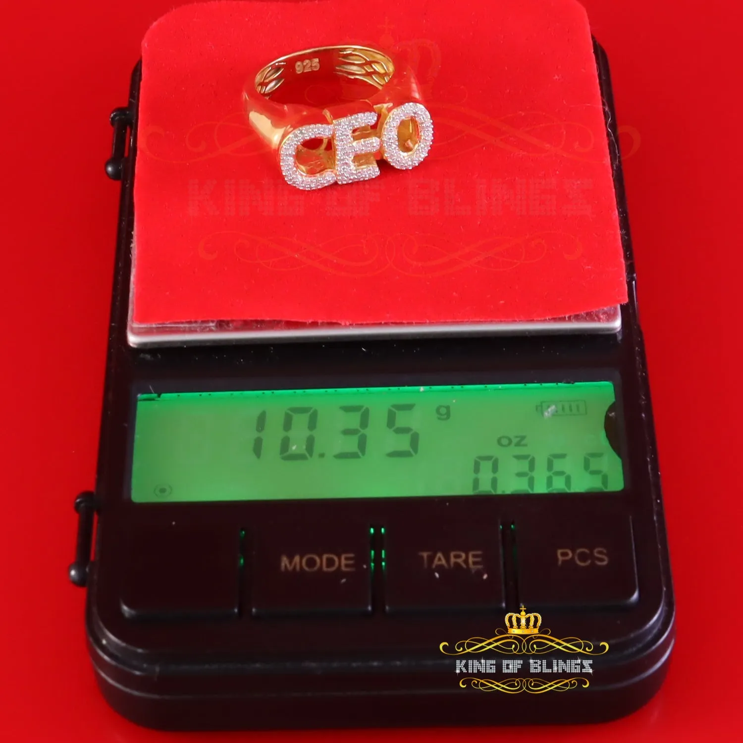 King Of Bling's 925 Sterling Yellow Silver Metal with 0.40ct Real Diamond Men's "CEO" Ring SZ 8